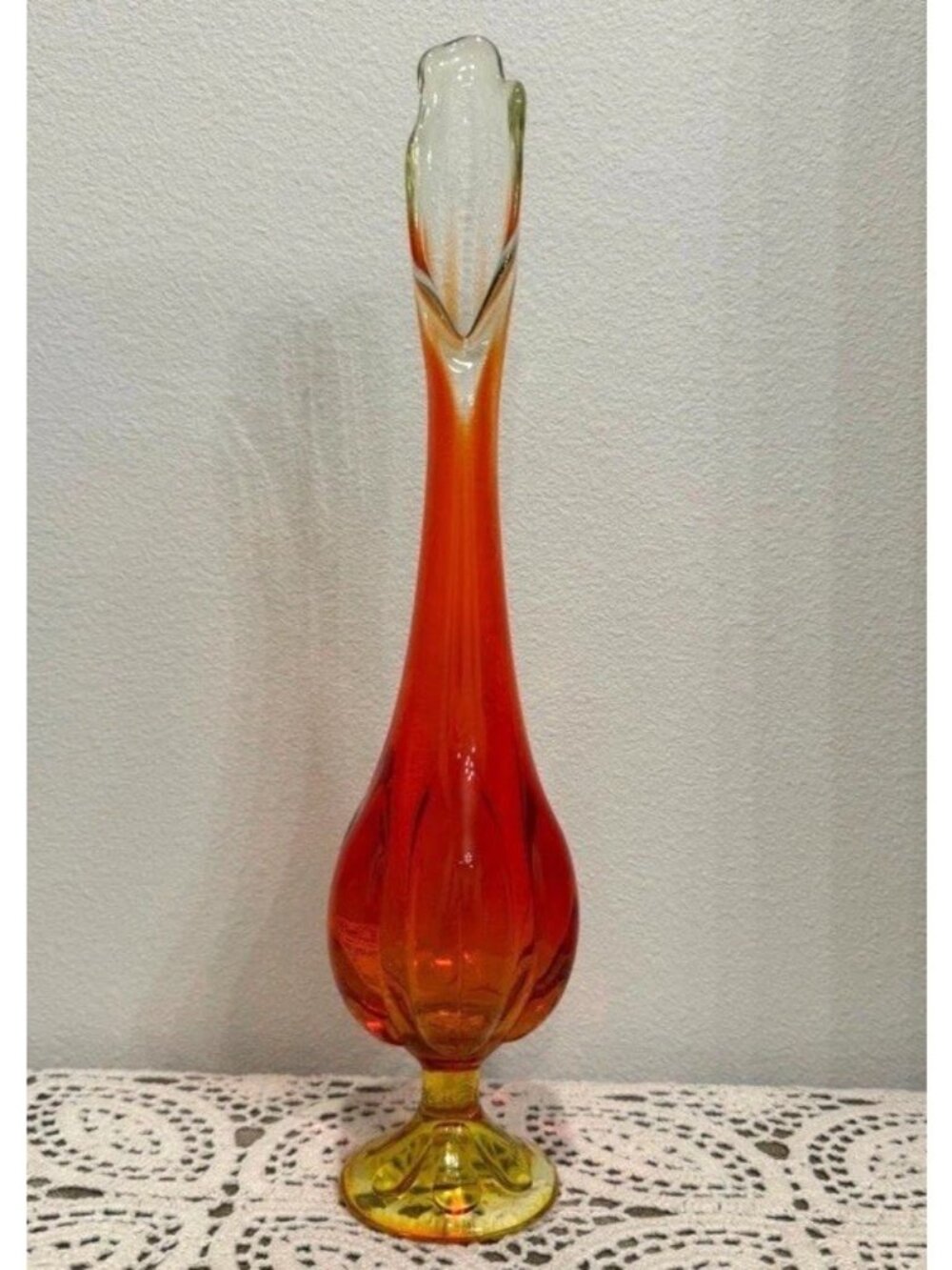 Vintage MCM Viking Glass 16” Epic Swung Vase  4 Petal Persimmon Orange Amberina